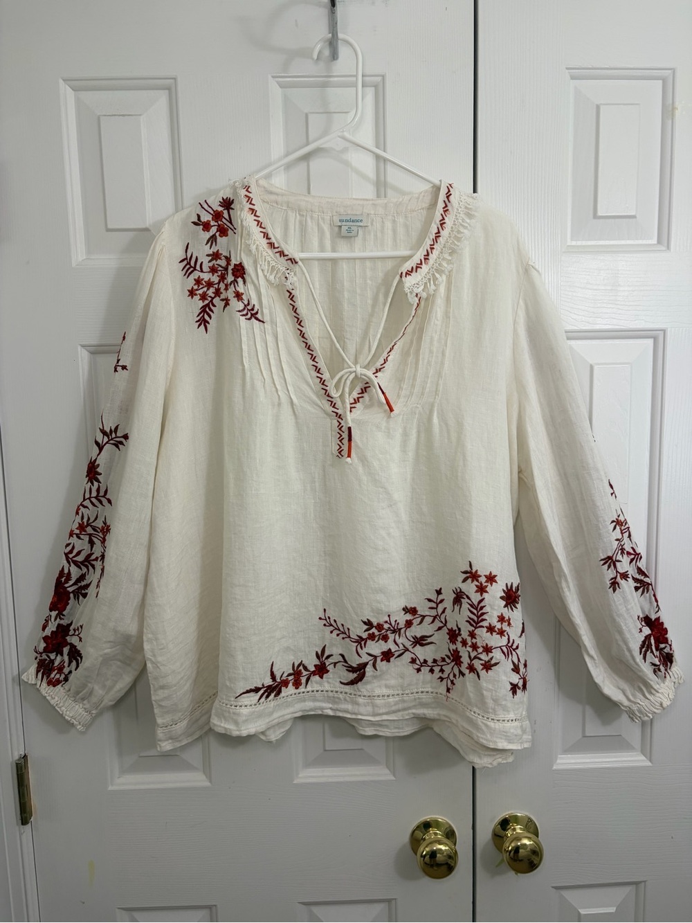 Sundance Geraldine Floral Embroidered 100% Linen Peasant Boho Blouse XL